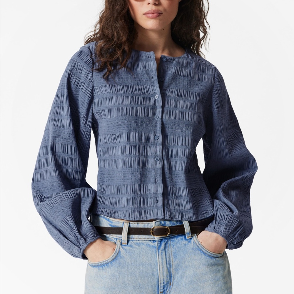 & Other Stories Light Blue Puff Sleeve Smocked Blouse